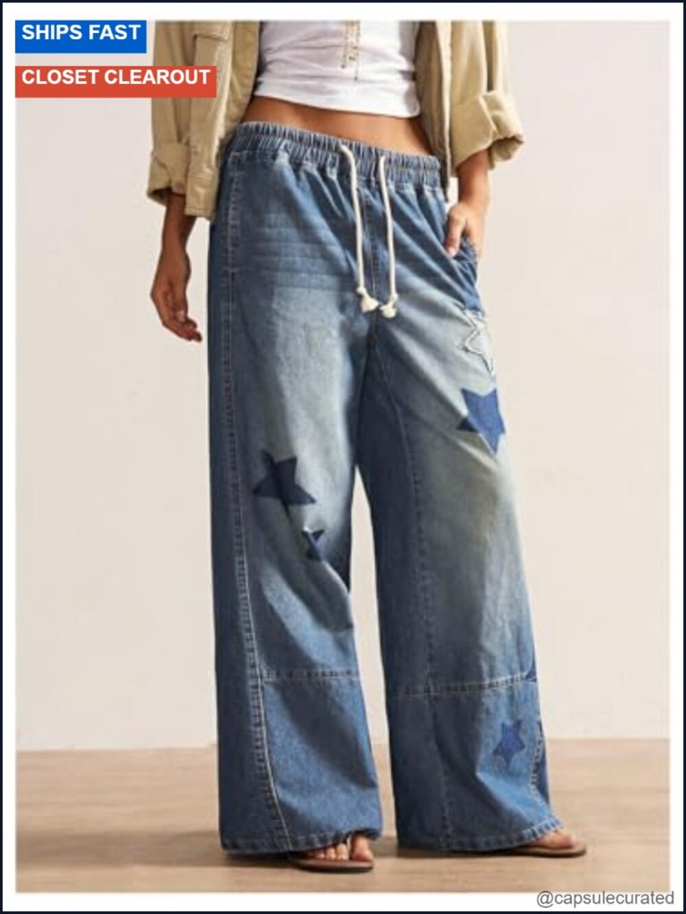 SOLY HUX Women's Y2k Baggy Jeans Star Graphic Denim Pants Drawstring Wide Leg - Picture 4 of 4